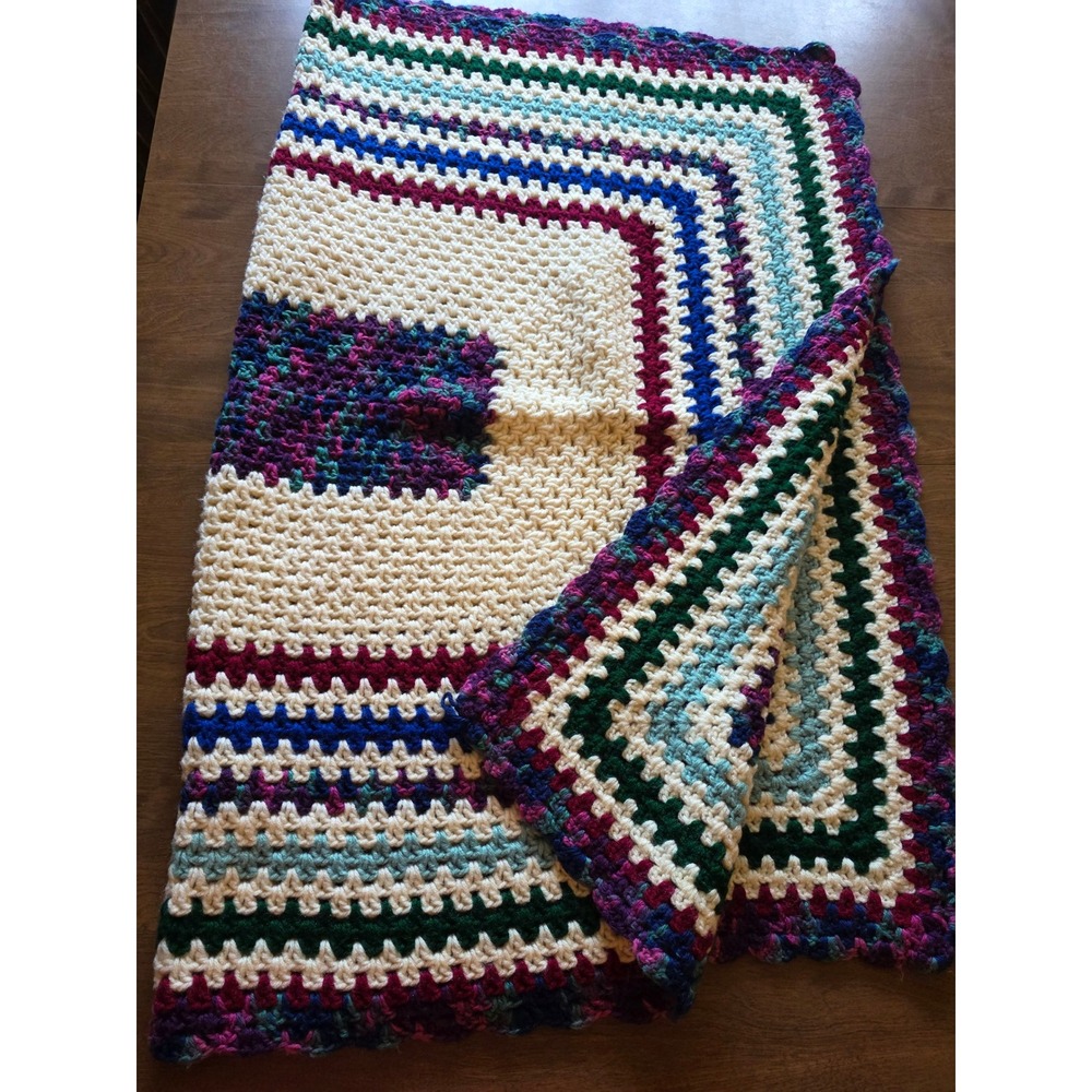 Handmade Crochet Afghan Blanket Multi-Color Striped Granny Square Throw 32x38